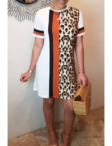 Lovely Casual O Neck Leopard Printed Patchwork White Mini Dress