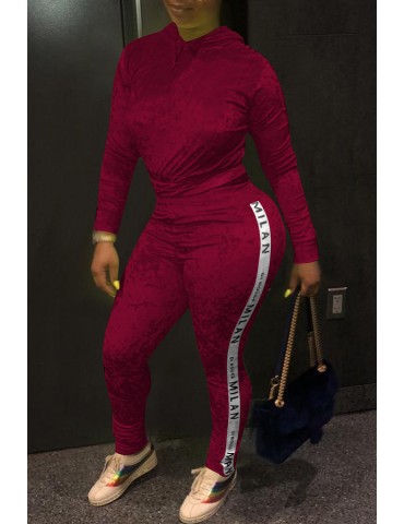 Lovely Casual Hooded Collar Wine Red Two-piece Pants Set