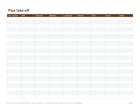 Preview of the first page of Take-off sheet (XLSX)